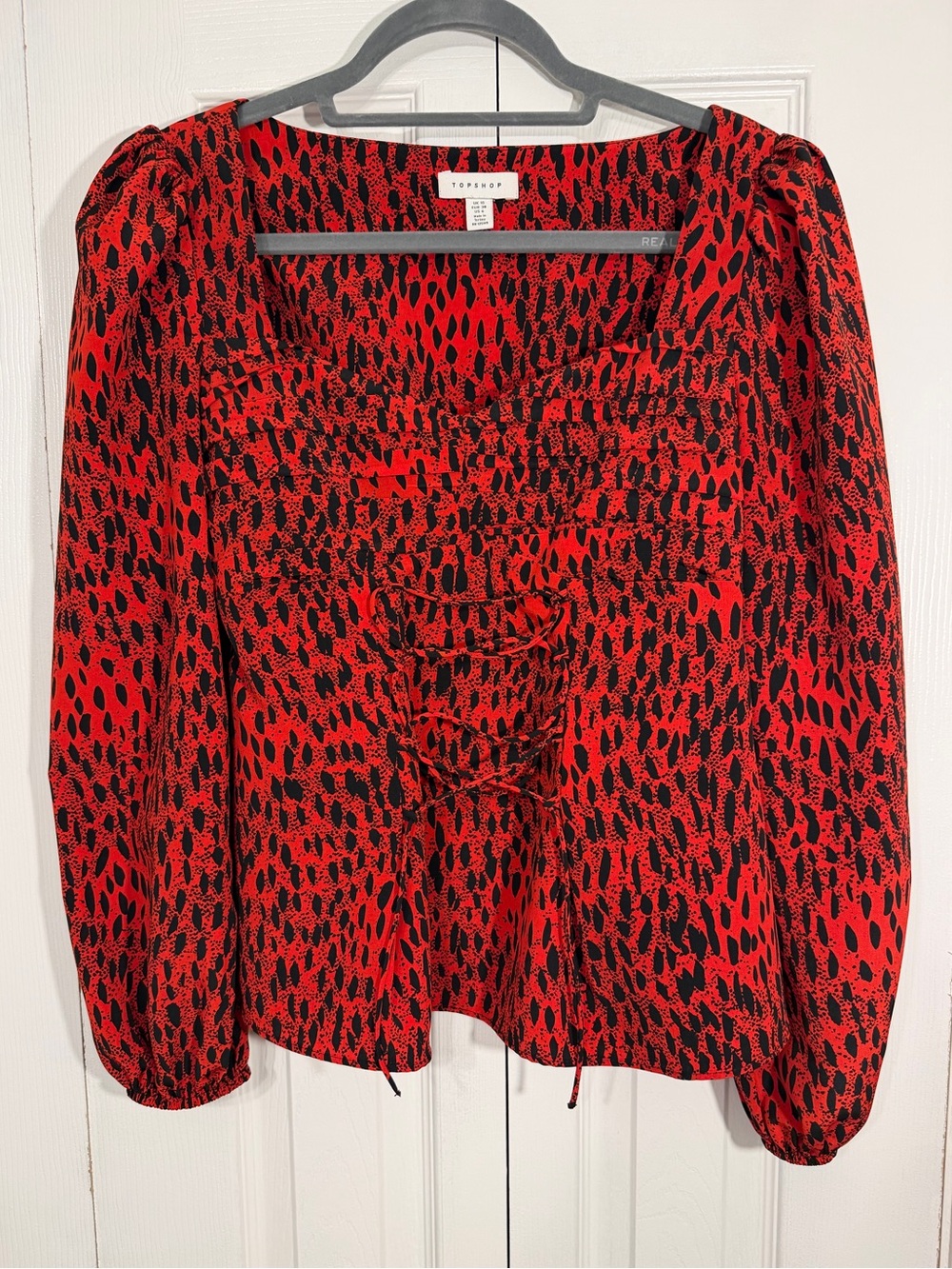 Topshop Leopard Lace Up Prairie Blouse US 6 Red Black